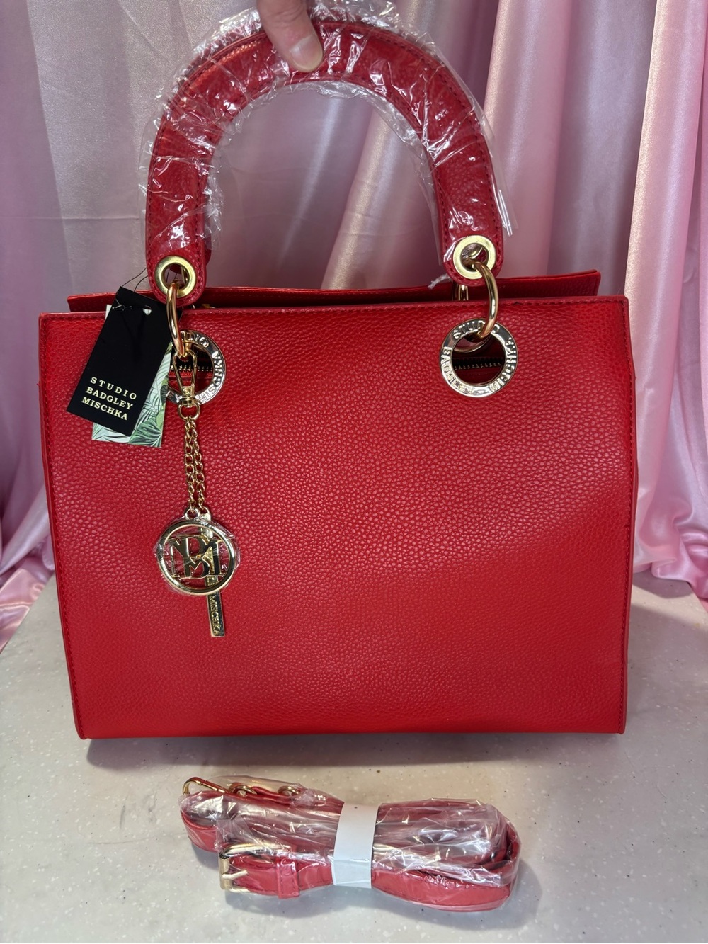 Badgley Mischka Red Pebbled Satchel with Gold Hardware